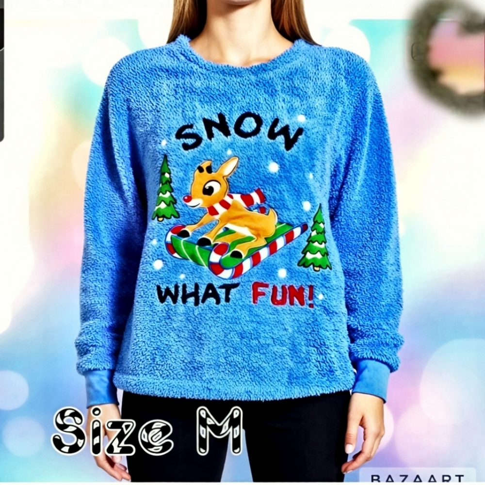 Ugly Christmas Fluffy Soft Fleece  Blue Grafic Sweat Shirt Size M
